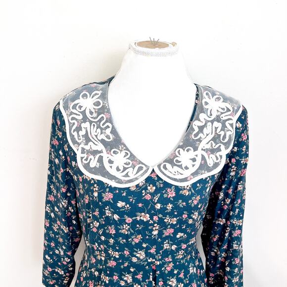 Vintage Cottagecore Prairie Dress Size 20W Green Floral Lace Country Peasant - Picture 2 of 12